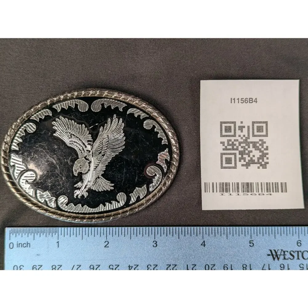 Vintage Oval Belt Buckle Silver-Tone Eagle Motif Black Enamel Rope Border 3.5in